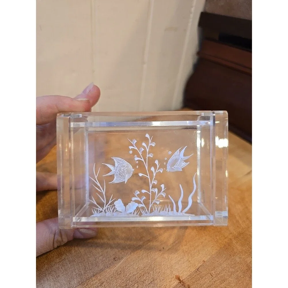 Jewelry Trinket Box AQUARIUM SCENE Reverse Carved Acrylic Mid Century 1950s